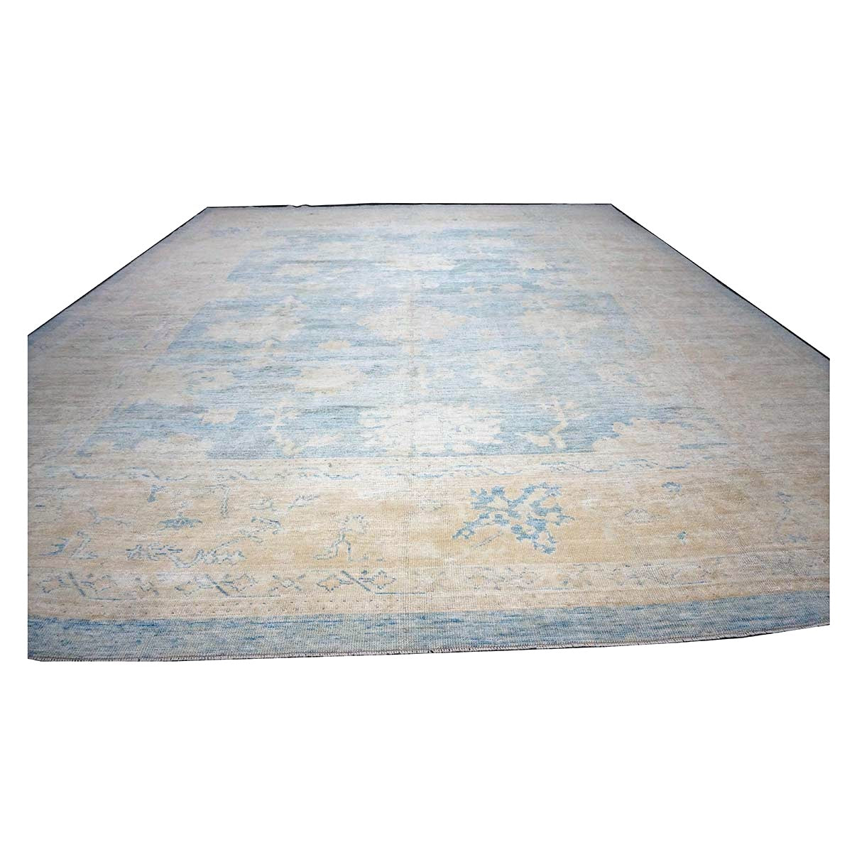21st Century Turkish Oushak Wool 13x15 Ivory & Slate Blue Handmade Area Rug #1140506