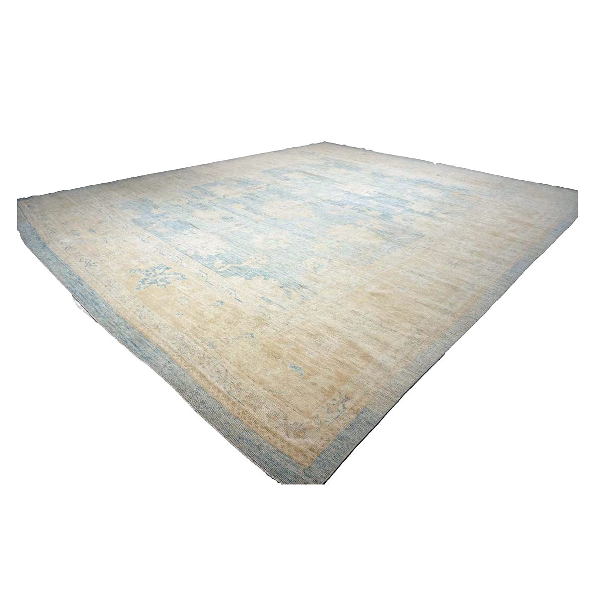 21st Century Turkish Oushak Wool 13x15 Ivory & Slate Blue Handmade Area Rug #1140506