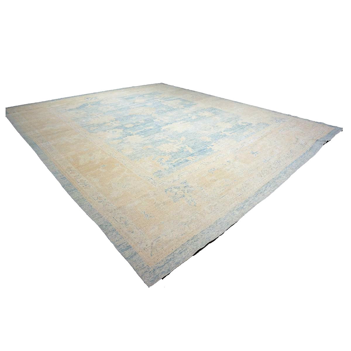 21st Century Turkish Oushak Wool 13x15 Ivory & Slate Blue Handmade Area Rug #1140506