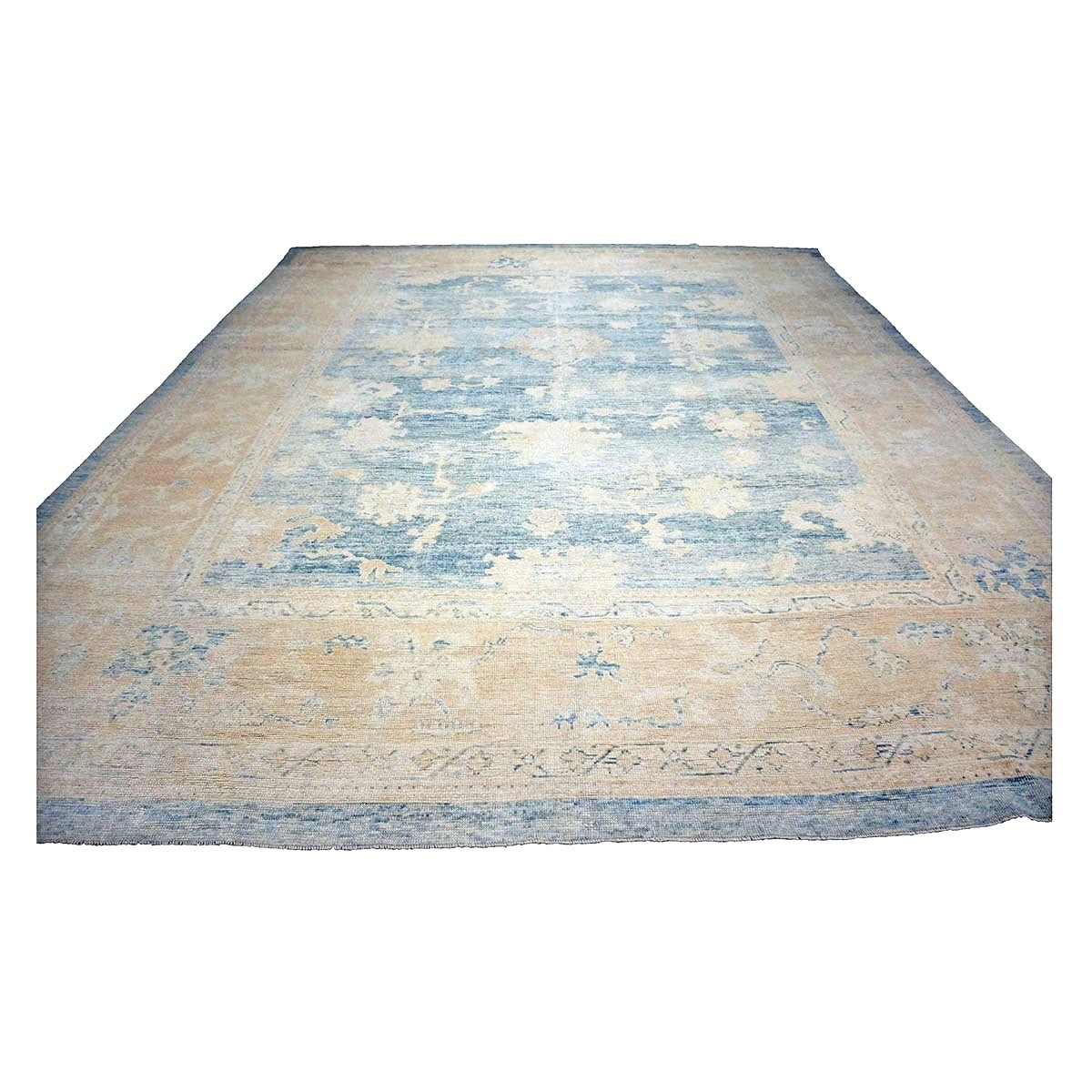 21st Century Turkish Oushak Wool 13x15 Ivory & Slate Blue Handmade Area Rug #1140506