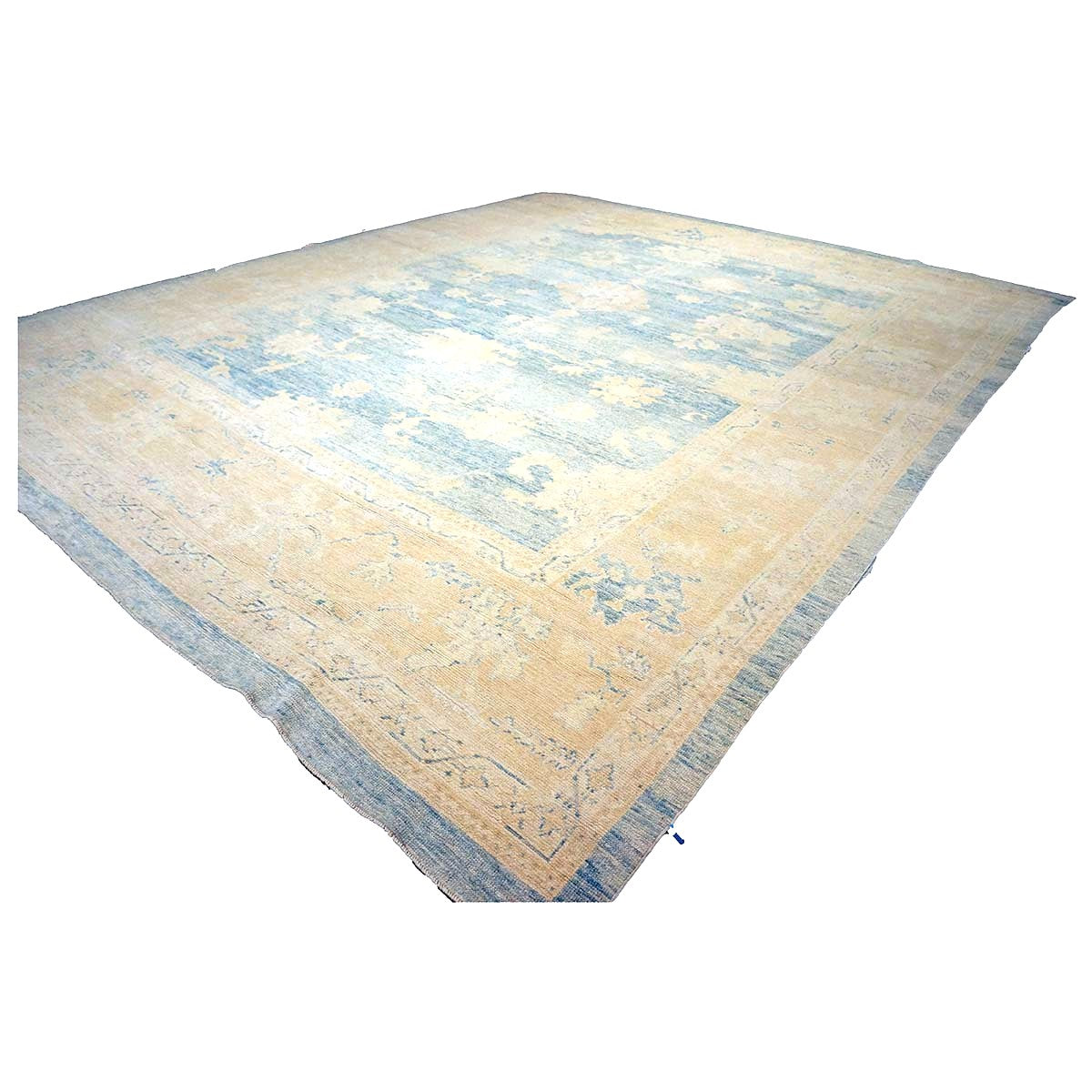 21st Century Turkish Oushak Wool 13x15 Ivory & Slate Blue Handmade Area Rug #1140506