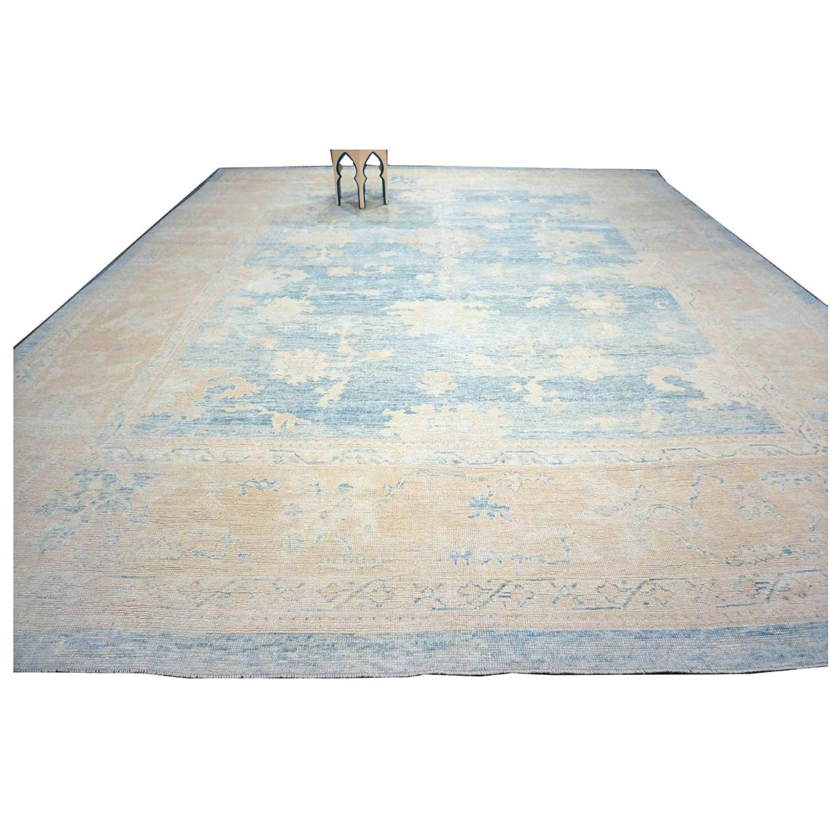 21st Century Turkish Oushak Wool 13x15 Ivory & Slate Blue Handmade Area Rug #1140506