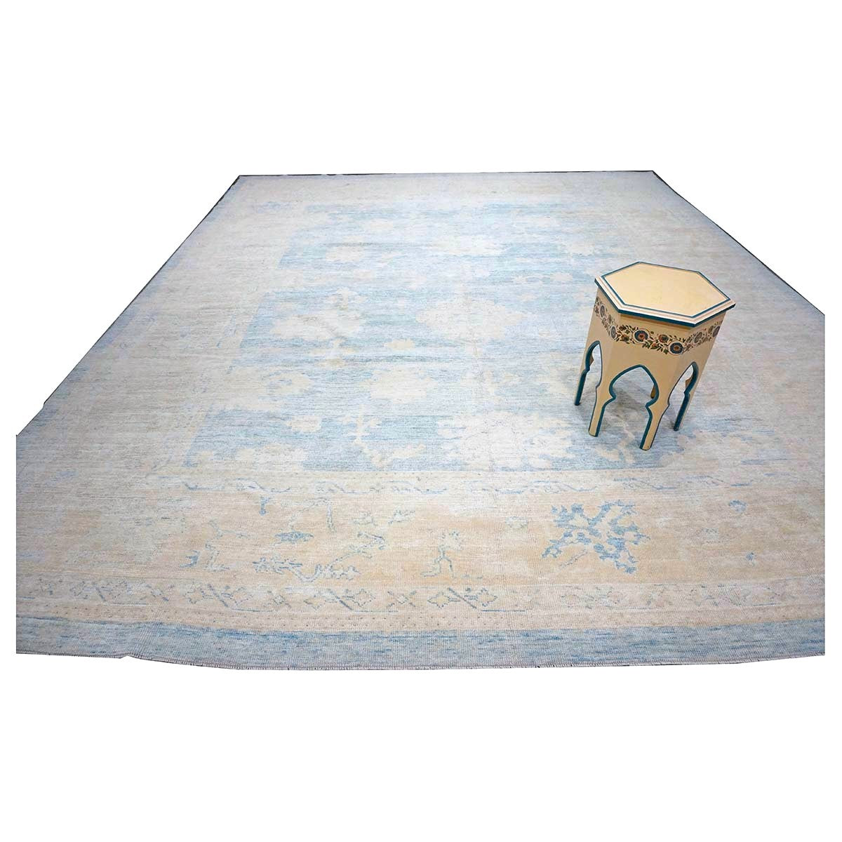 21st Century Turkish Oushak Wool 13x15 Ivory & Slate Blue Handmade Area Rug #1140506