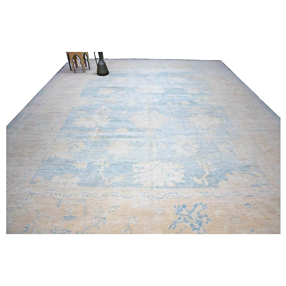 21st Century Turkish Oushak Wool 13x15 Ivory & Slate Blue Handmade Area Rug #1140506