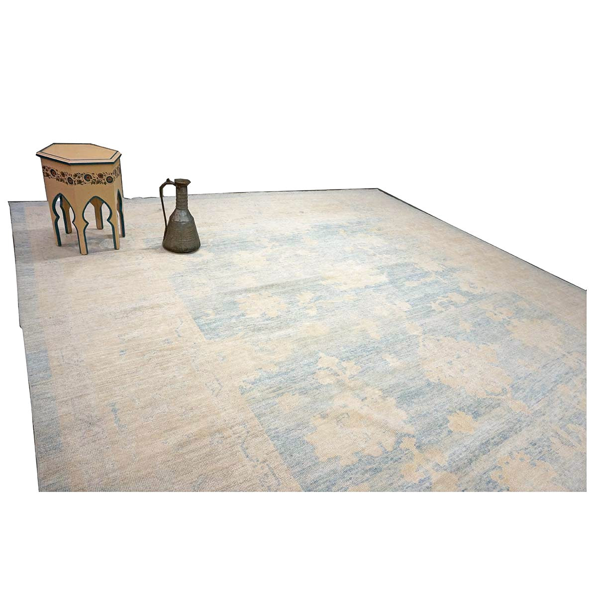 21st Century Turkish Oushak Wool 13x15 Ivory & Slate Blue Handmade Area Rug #1140506