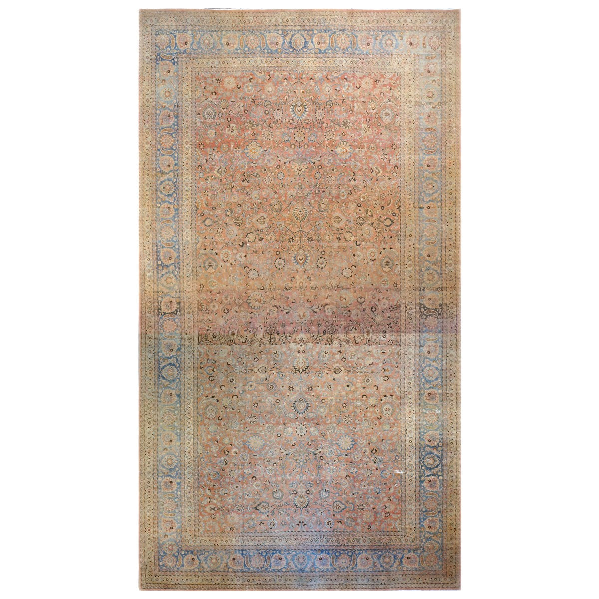 Antique Persian Mashad Wool 15X25 Ivory, Peach & Blue Handmade Oversized Area Rug #1140587