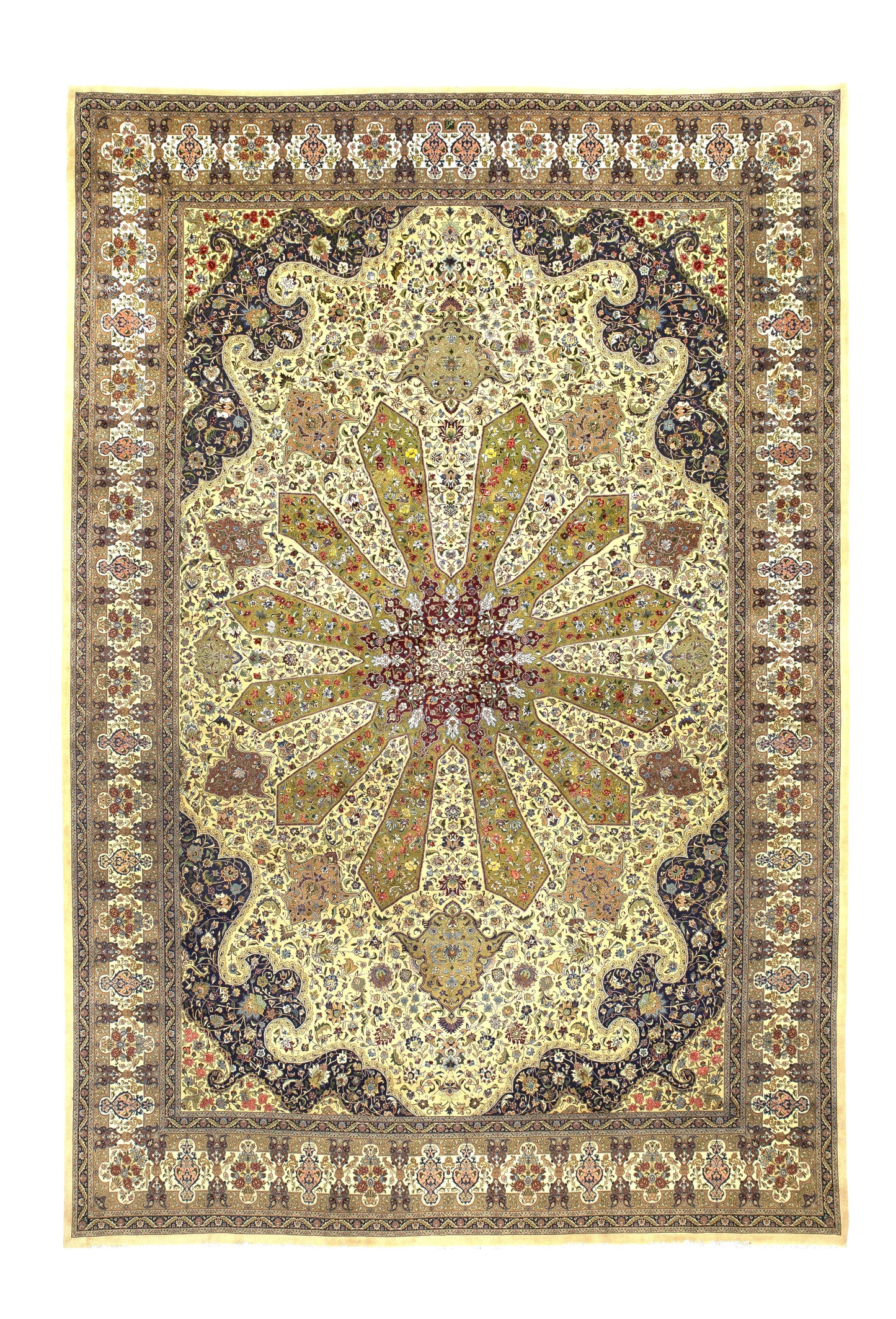 Antique Persian Tabriz Wool 13X19 Ivory, Light Green, Navy & Red Handmade Oversized Area Rug #1140645