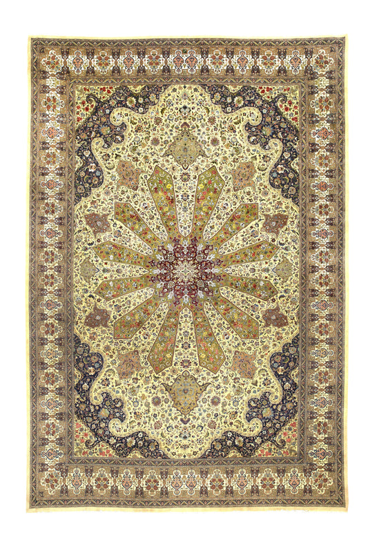 Antique Persian Tabriz Wool 13X19 Ivory, Light Green, Navy & Red Handmade Oversized Area Rug #1140645
