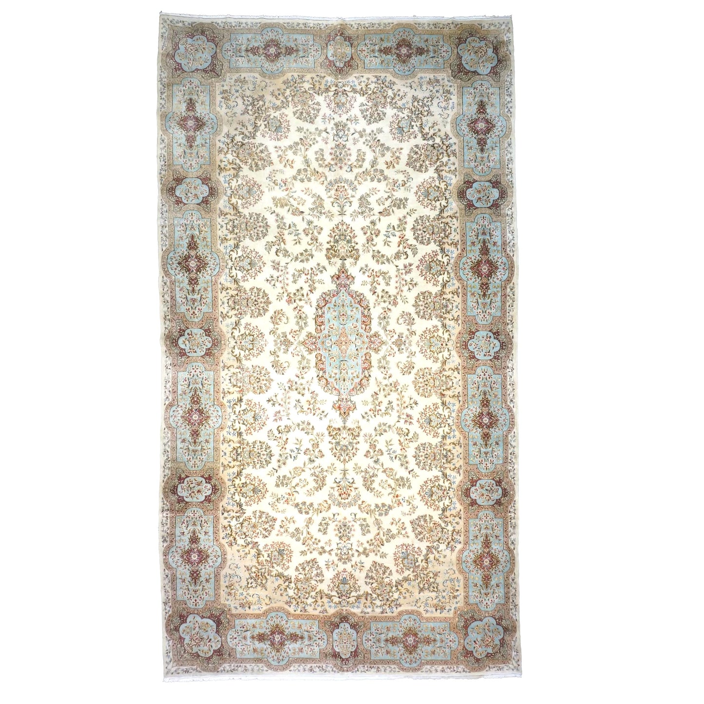 Antique Persian Kerman Wool 11x20 Ivory, Blue & Taupe Handmade Gallery Rug #1140658