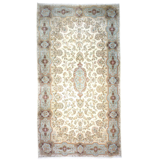 Antique Persian Kerman Wool 11x20 Ivory, Blue & Taupe Handmade Gallery Rug #1140658