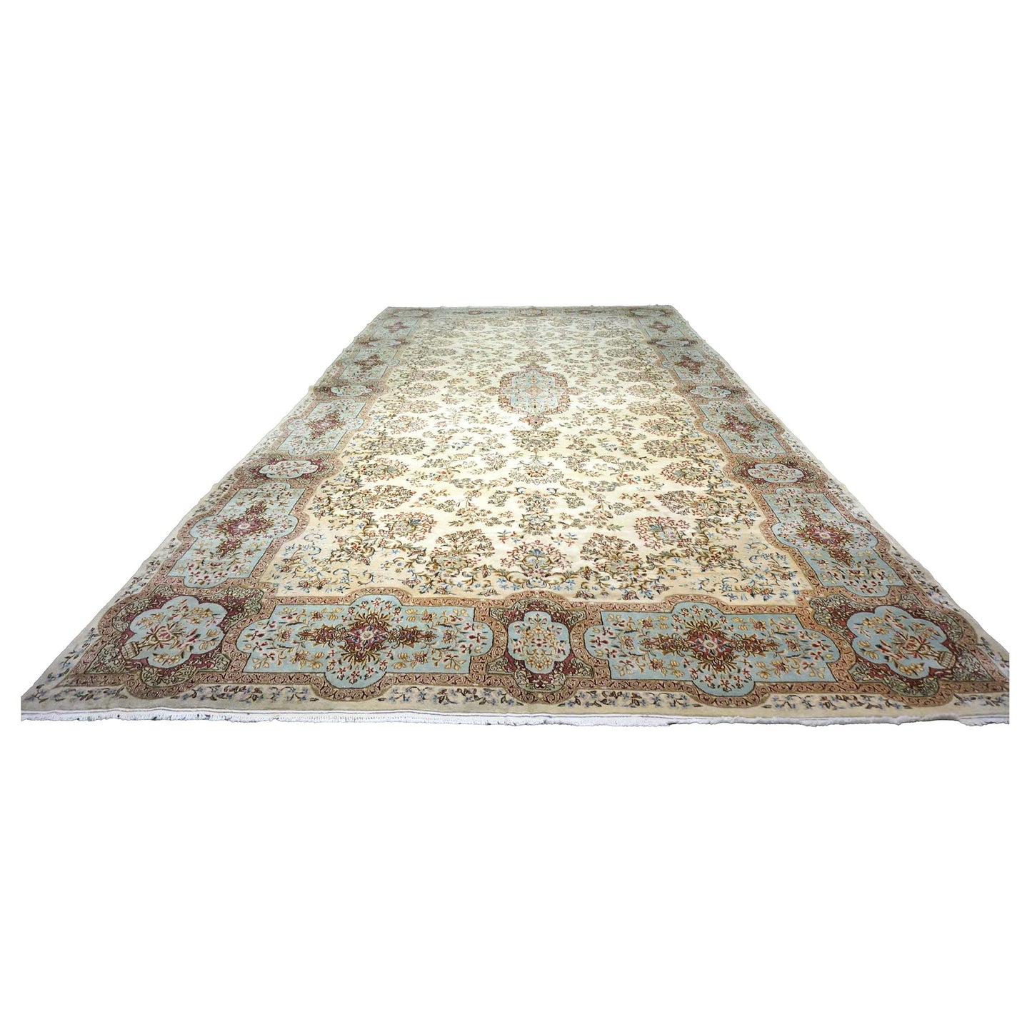 Antique Persian Kerman Wool 11x20 Ivory, Blue & Taupe Handmade Gallery Rug #1140658