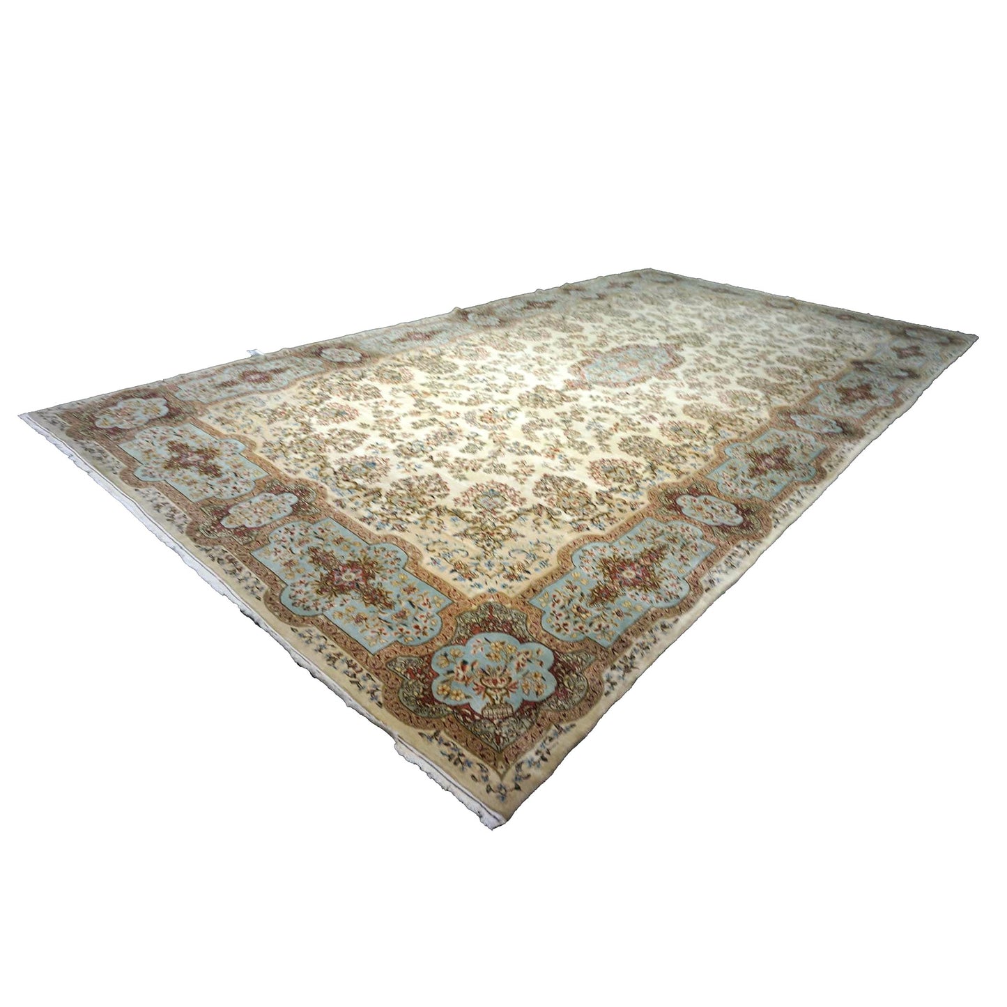 Antique Persian Kerman Wool 11x20 Ivory, Blue & Taupe Handmade Gallery Rug #1140658