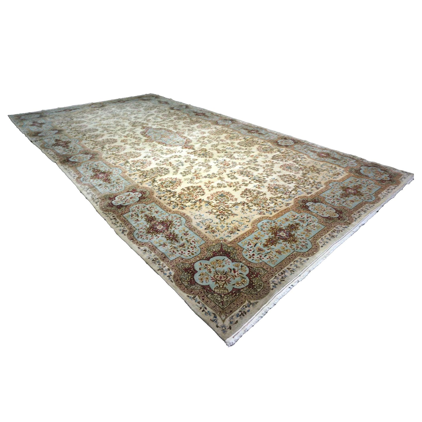 Antique Persian Kerman Wool 11x20 Ivory, Blue & Taupe Handmade Gallery Rug #1140658