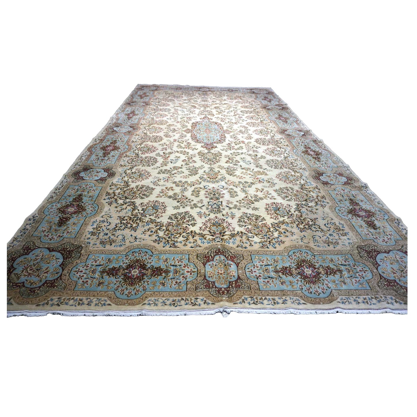 Antique Persian Kerman Wool 11x20 Ivory, Blue & Taupe Handmade Gallery Rug #1140658