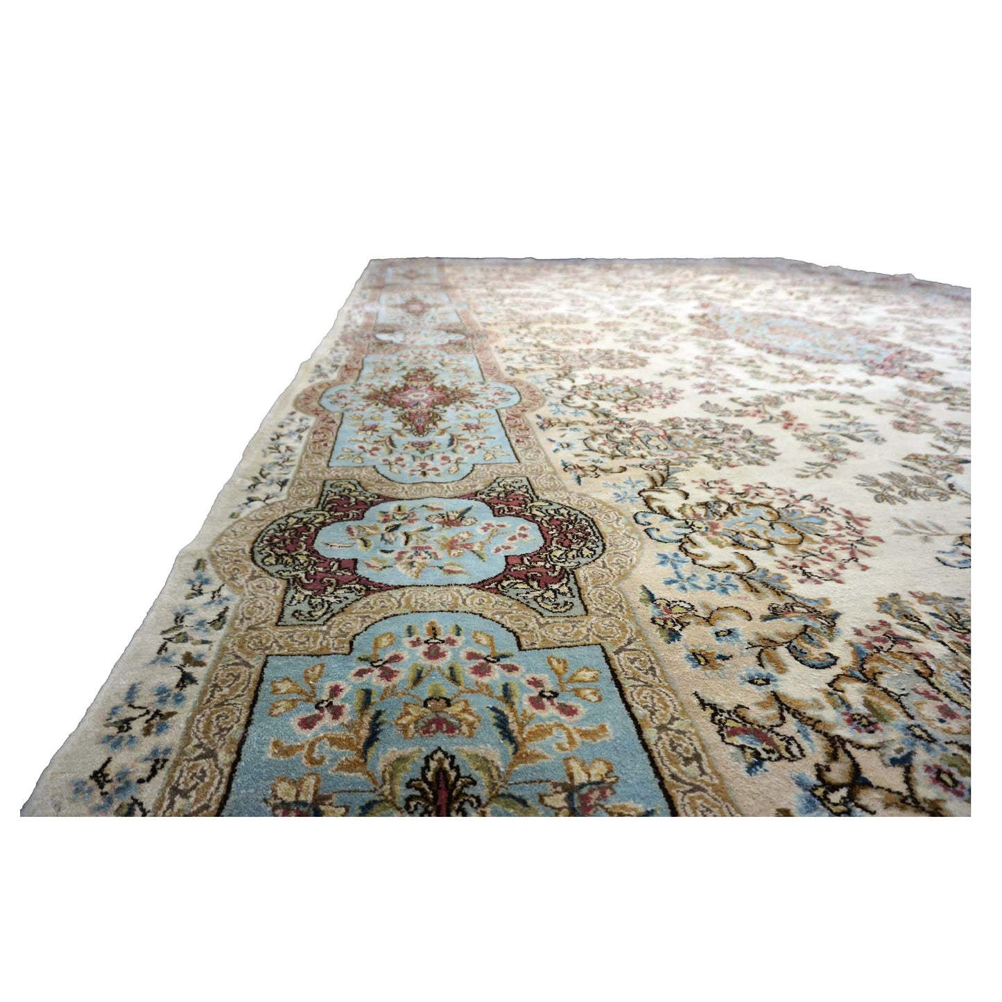Antique Persian Kerman Wool 11x20 Ivory, Blue & Taupe Handmade Gallery Rug #1140658