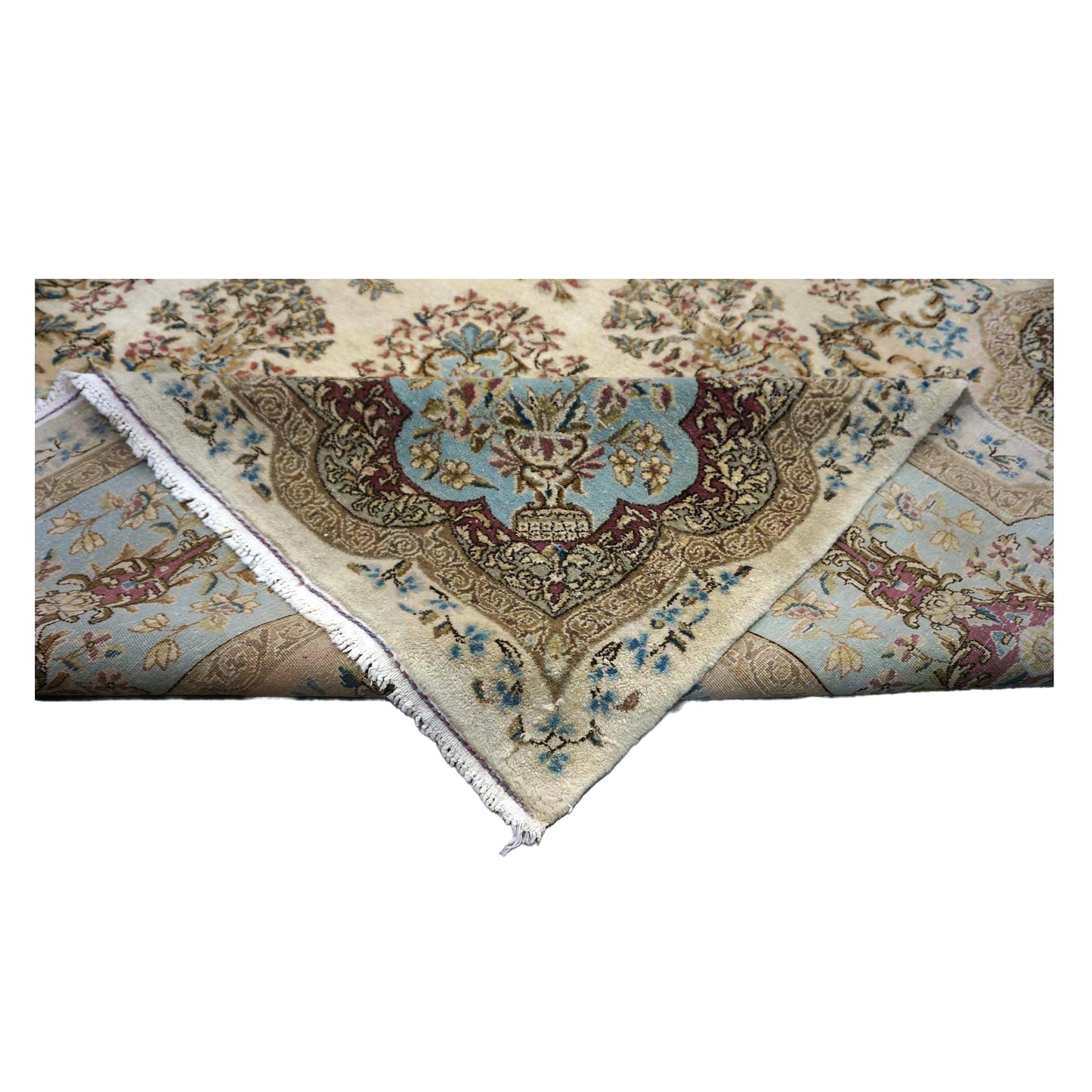 Antique Persian Kerman Wool 11x20 Ivory, Blue & Taupe Handmade Gallery Rug #1140658