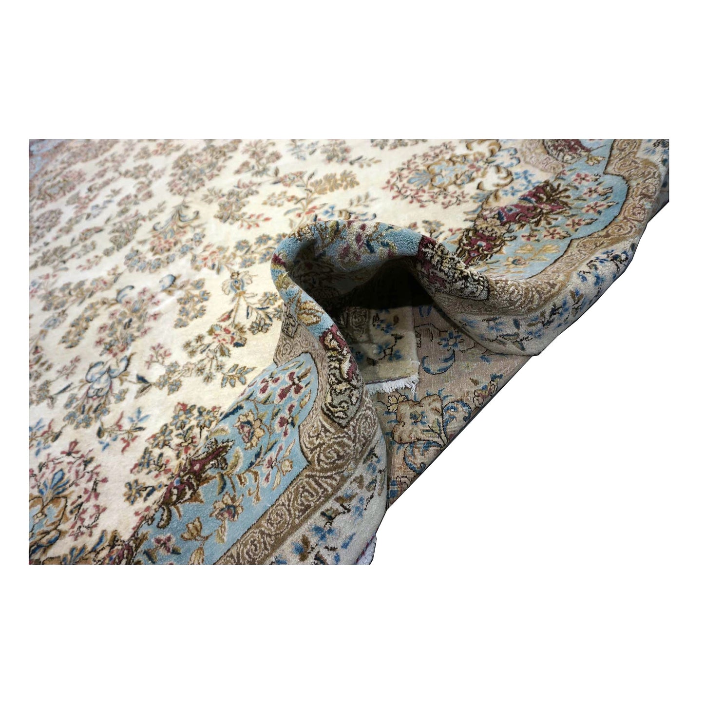 Antique Persian Kerman Wool 11x20 Ivory, Blue & Taupe Handmade Gallery Rug #1140658