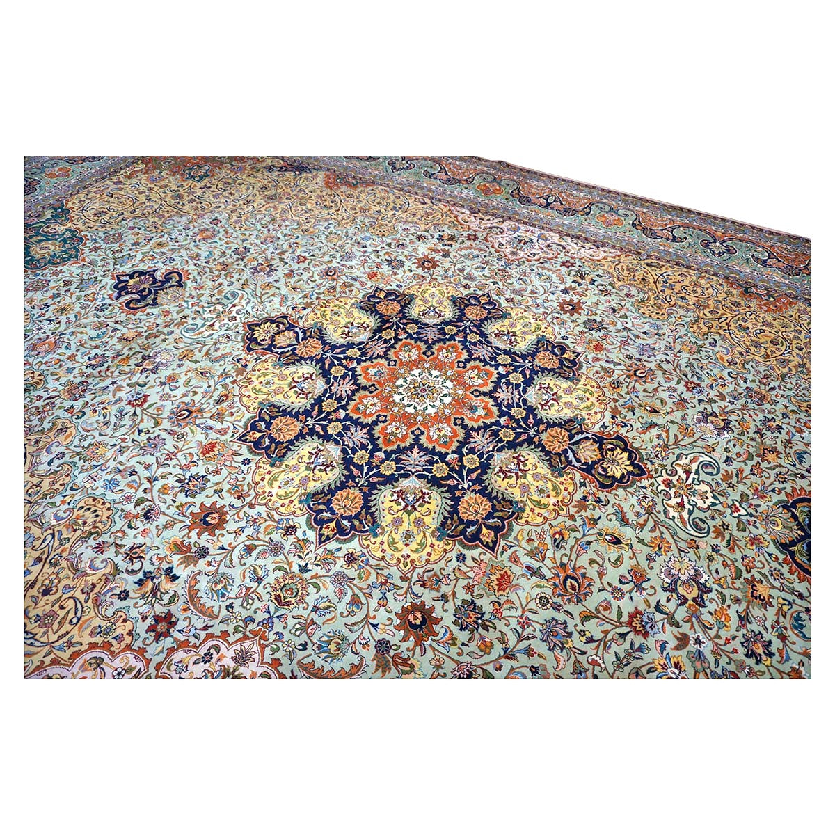 Antique Persian Tabriz Wool 13x19 Camel, Blue, Teal, Orange & Ivory Handmade Oversized Area Rug #1140712