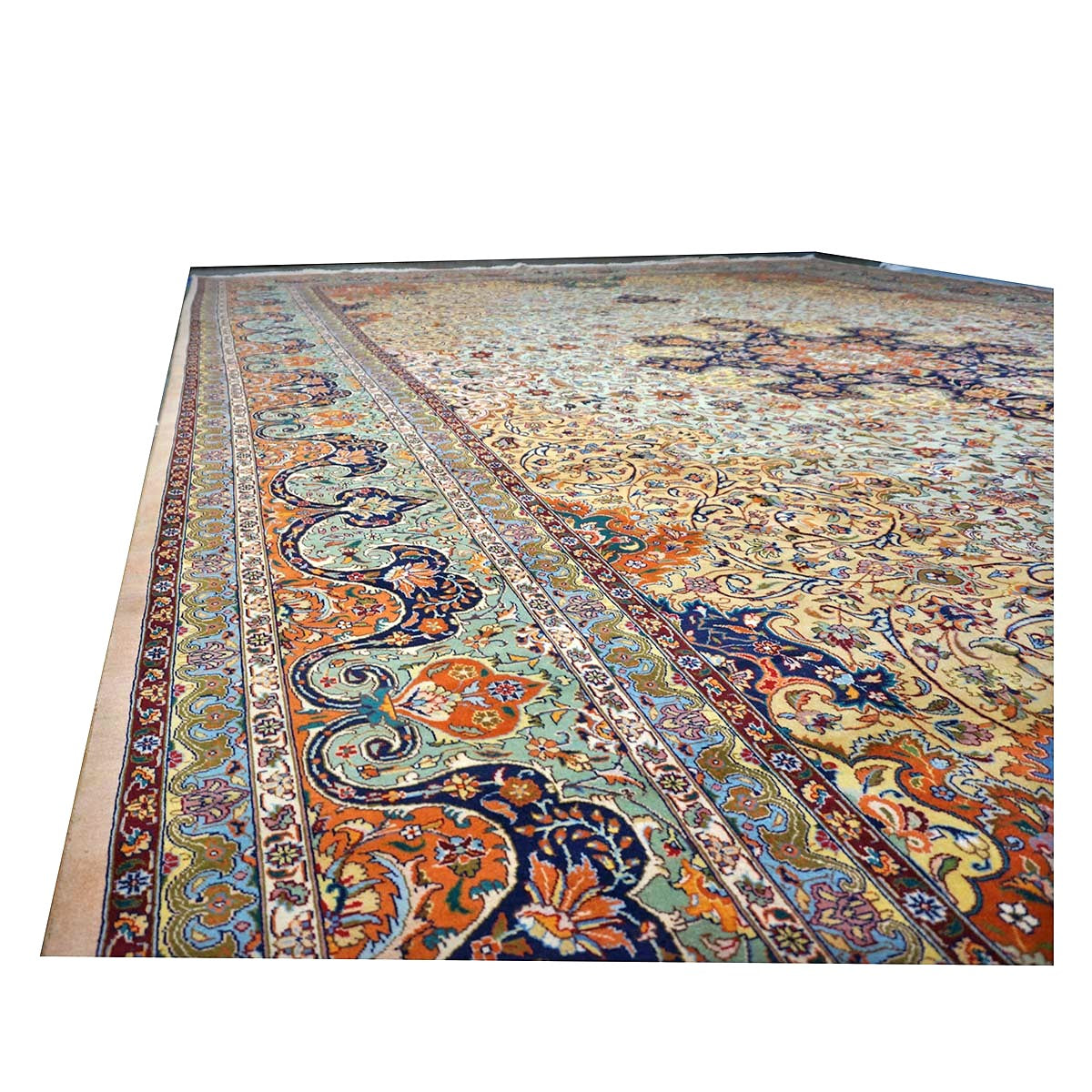 Antique Persian Tabriz Wool 13x19 Camel, Blue, Teal, Orange & Ivory Handmade Oversized Area Rug #1140712