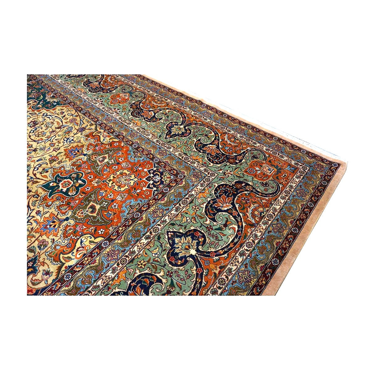 Antique Persian Tabriz Wool 13x19 Camel, Blue, Teal, Orange & Ivory Handmade Oversized Area Rug #1140712
