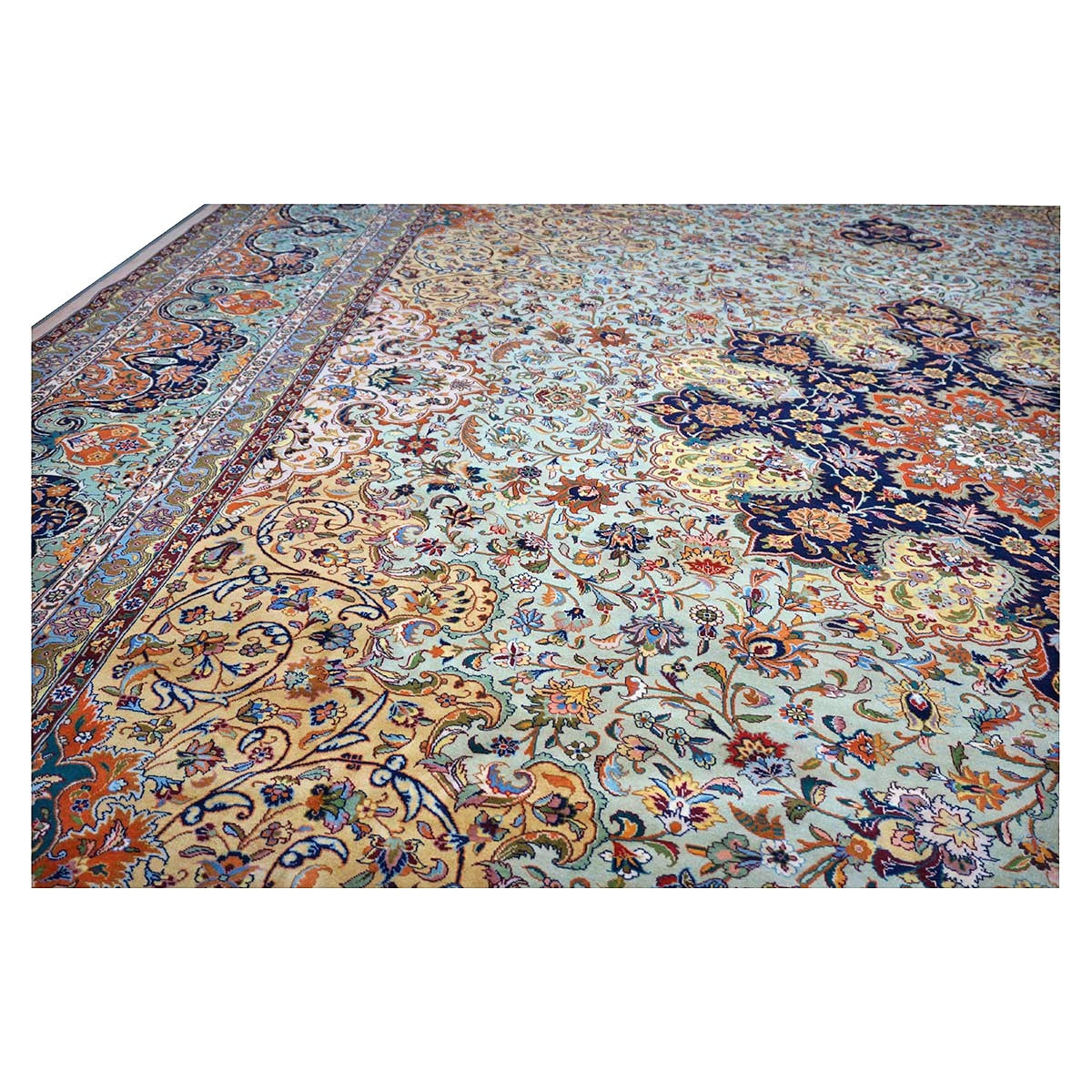Antique Persian Tabriz Wool 13x19 Camel, Blue, Teal, Orange & Ivory Handmade Oversized Area Rug #1140712
