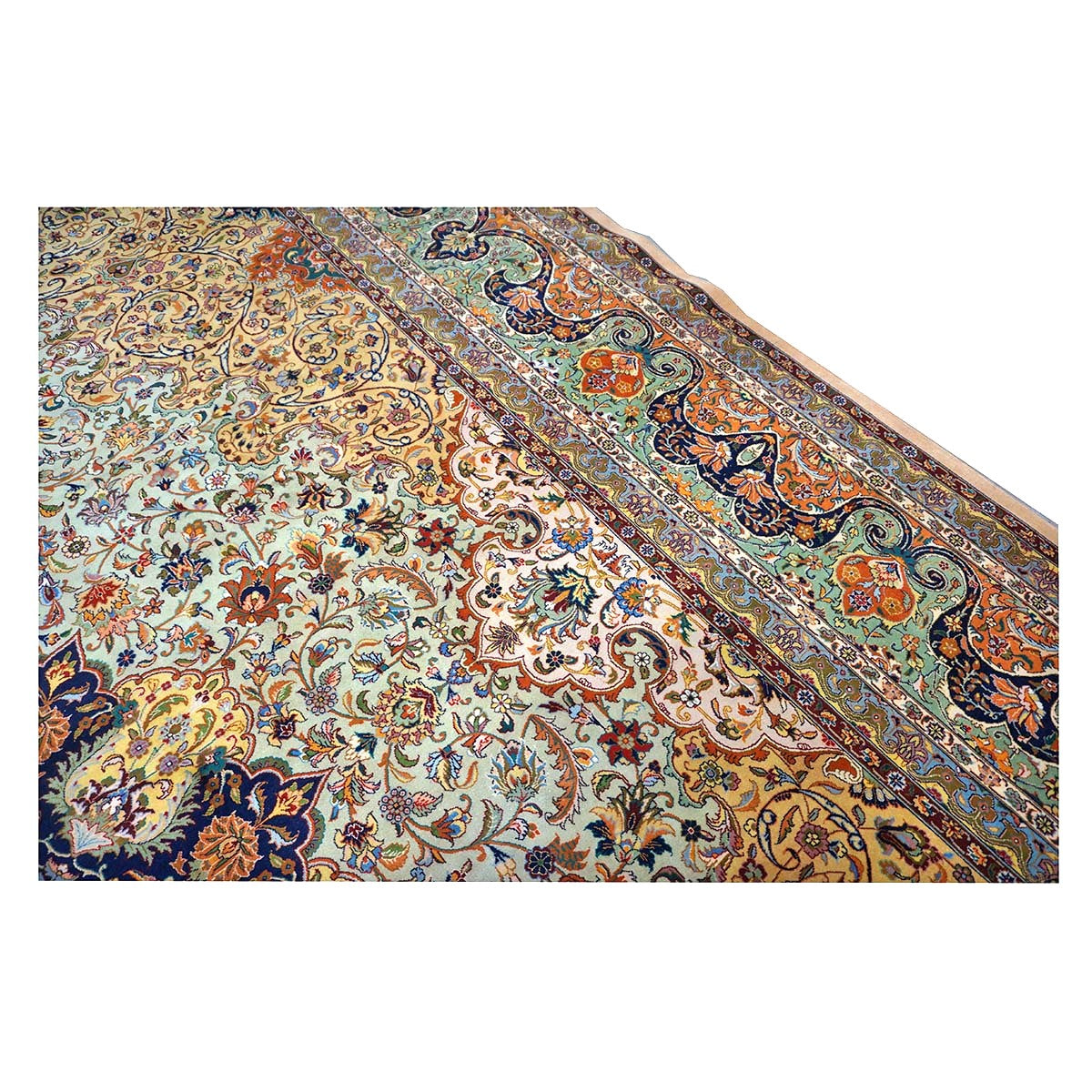 Antique Persian Tabriz Wool 13x19 Camel, Blue, Teal, Orange & Ivory Handmade Oversized Area Rug #1140712