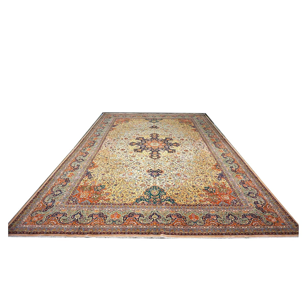 Antique Persian Tabriz Wool 13x19 Camel, Blue, Teal, Orange & Ivory Handmade Oversized Area Rug #1140712