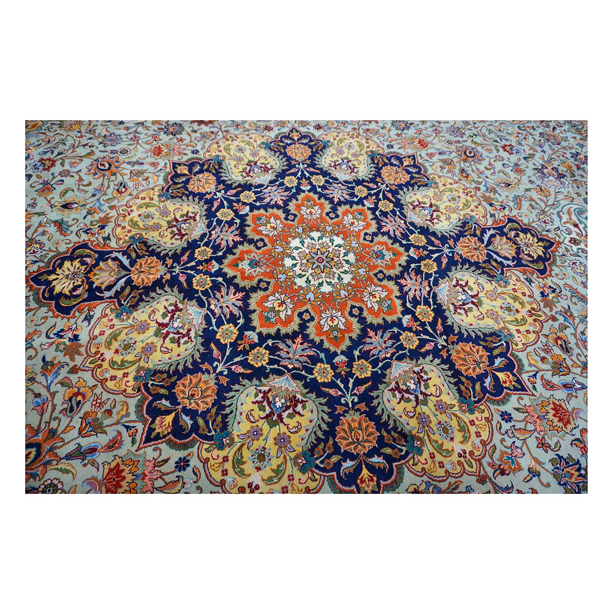 Antique Persian Tabriz Wool 13x19 Camel, Blue, Teal, Orange & Ivory Handmade Oversized Area Rug #1140712