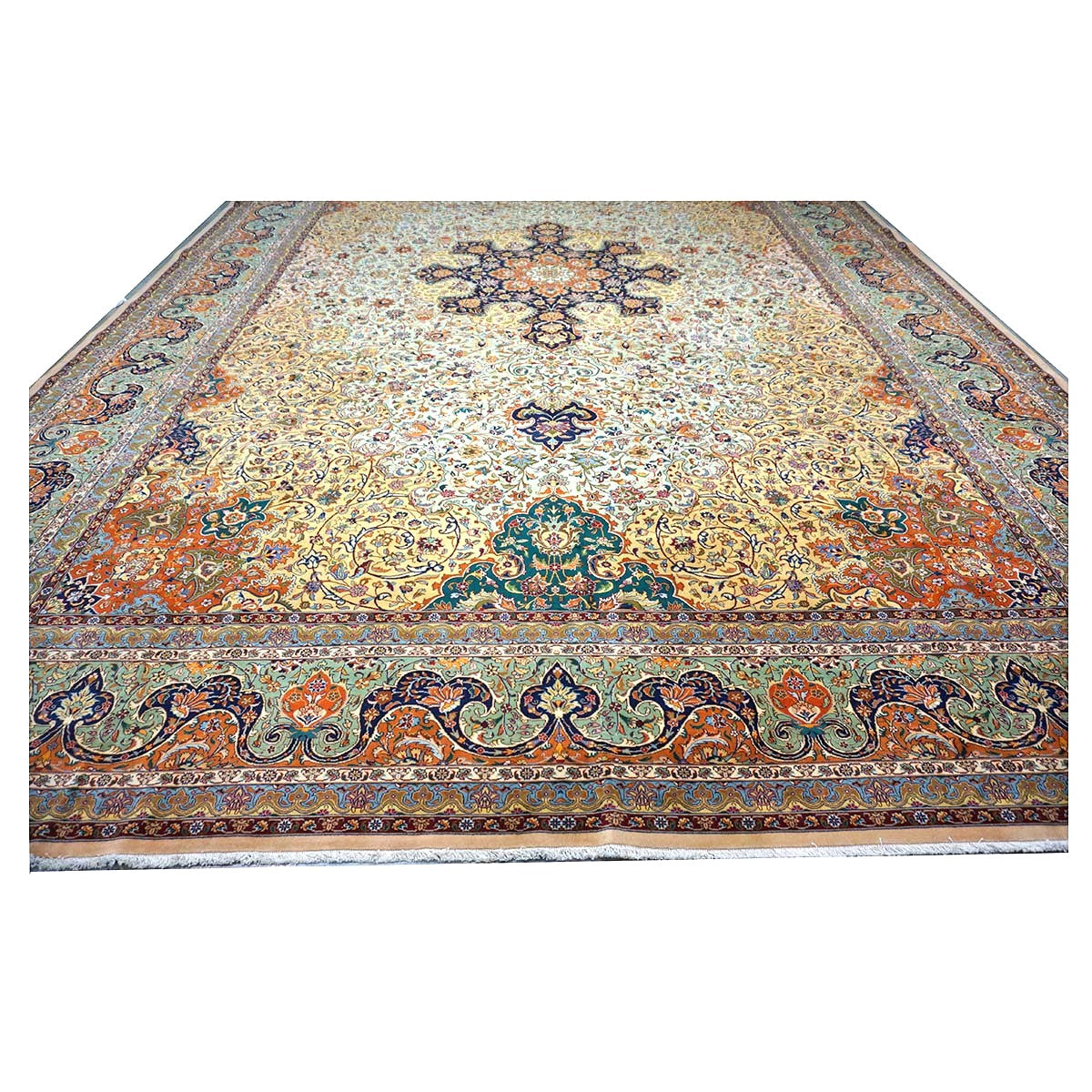 Antique Persian Tabriz Wool 13x19 Camel, Blue, Teal, Orange & Ivory Handmade Oversized Area Rug #1140712