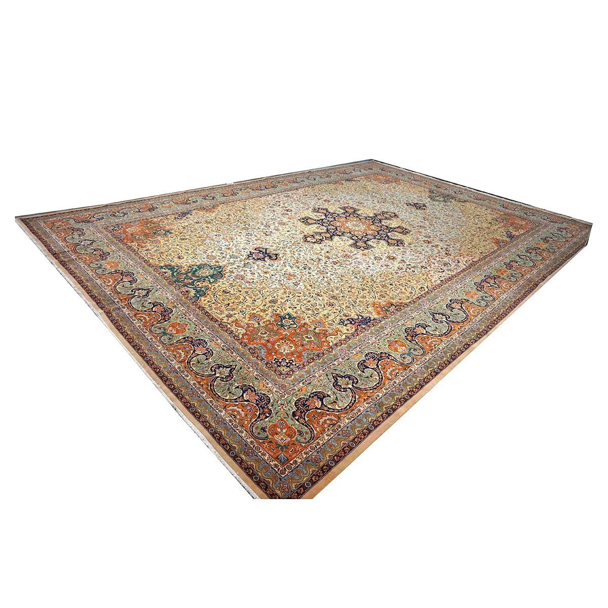 Antique Persian Tabriz Wool 13x19 Camel, Blue, Teal, Orange & Ivory Handmade Oversized Area Rug #1140712