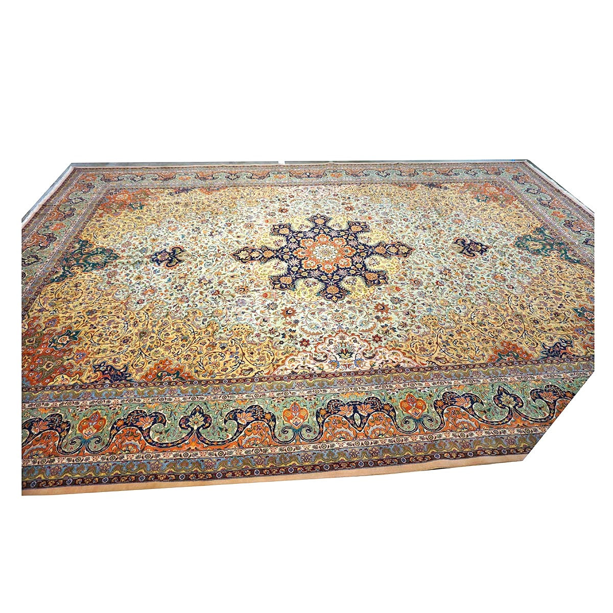 Antique Persian Tabriz Wool 13x19 Camel, Blue, Teal, Orange & Ivory Handmade Oversized Area Rug #1140712