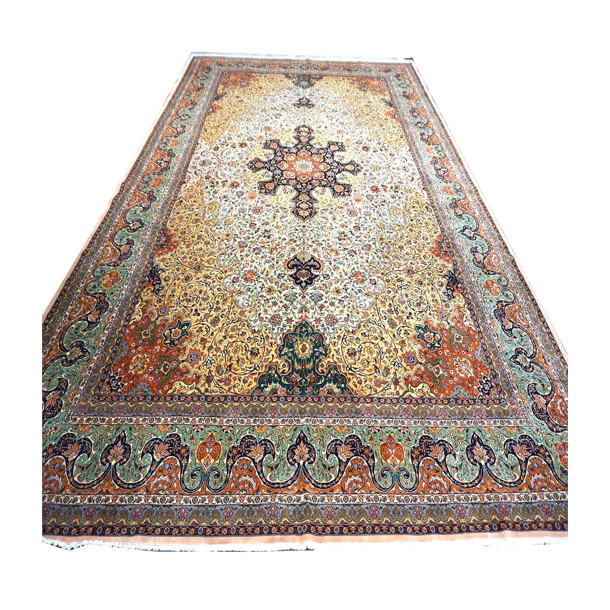 Antique Persian Tabriz Wool 13x19 Camel, Blue, Teal, Orange & Ivory Handmade Oversized Area Rug #1140712