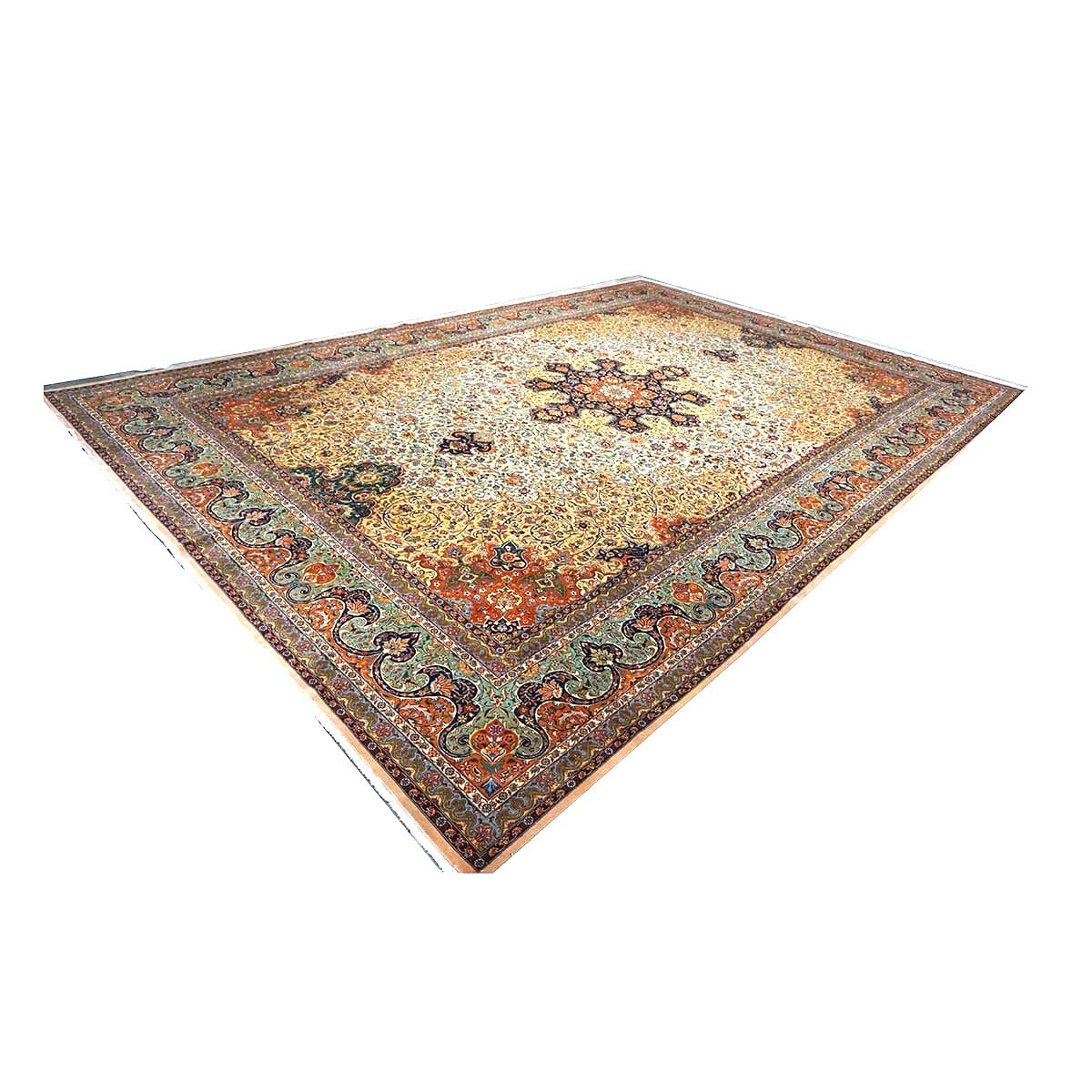 Antique Persian Tabriz Wool 13x19 Camel, Blue, Teal, Orange & Ivory Handmade Oversized Area Rug #1140712