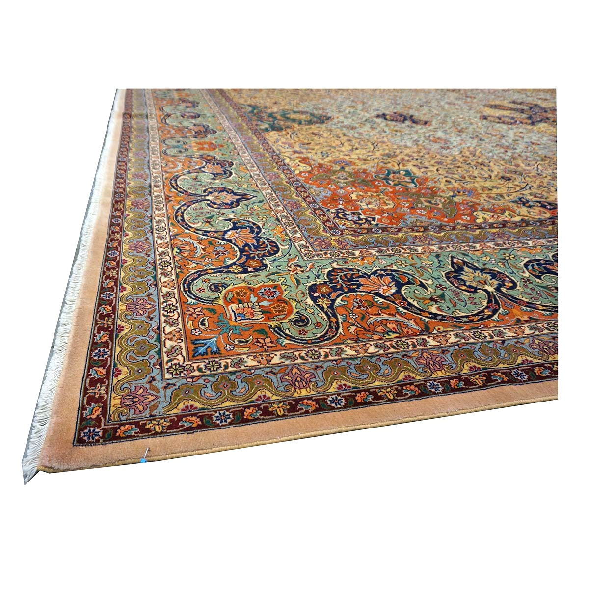 Antique Persian Tabriz Wool 13x19 Camel, Blue, Teal, Orange & Ivory Handmade Oversized Area Rug #1140712