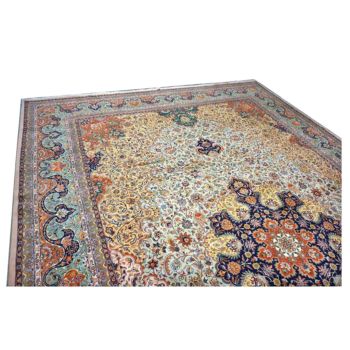 Antique Persian Tabriz Wool 13x19 Camel, Blue, Teal, Orange & Ivory Handmade Oversized Area Rug #1140712