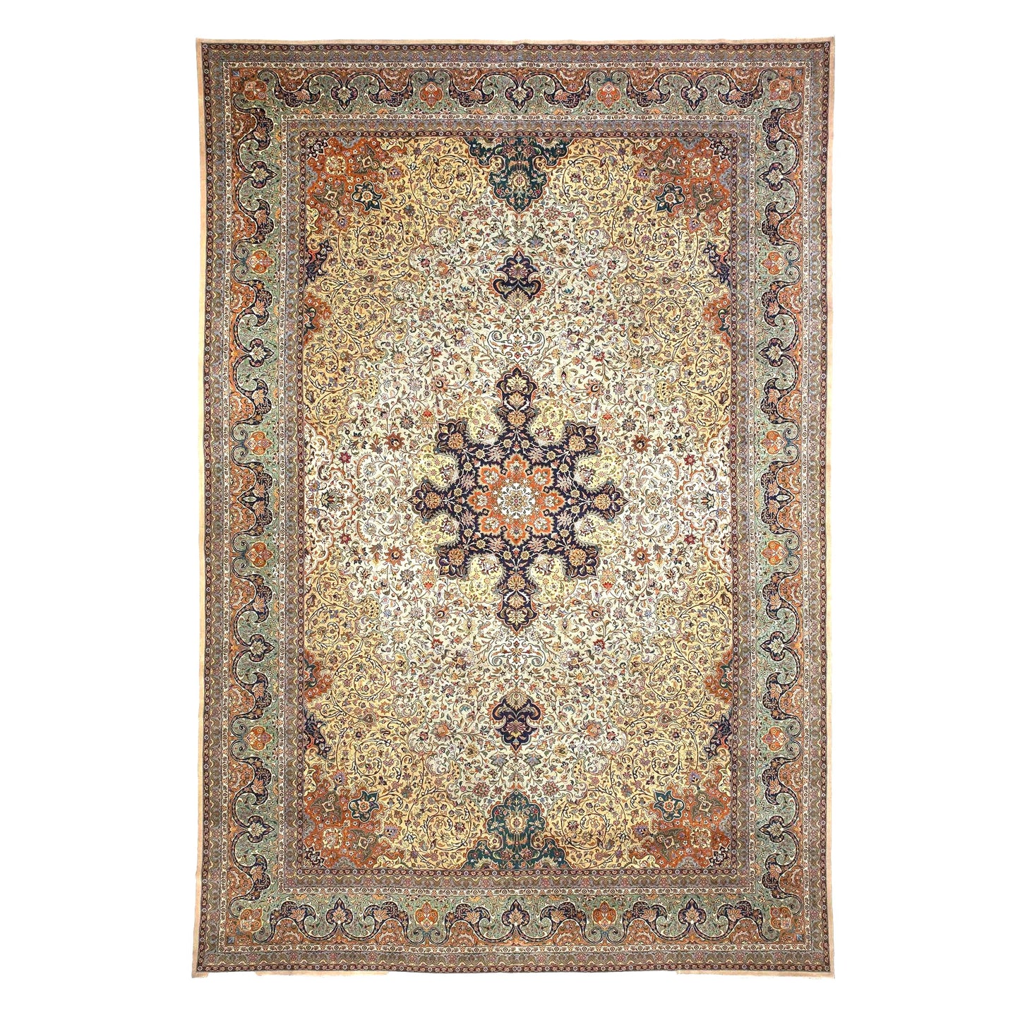 Antique Persian Tabriz Wool 13x19 Camel, Blue, Teal, Orange & Ivory Handmade Oversized Area Rug #1140712