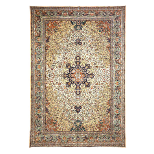Antique Persian Tabriz Wool 13x19 Camel, Blue, Teal, Orange & Ivory Handmade Oversized Area Rug #1140712