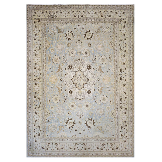 Antique Persian Tabriz Wool 11x16 Ivory, Light Blue & Gray Handmade Area Rug #1140841