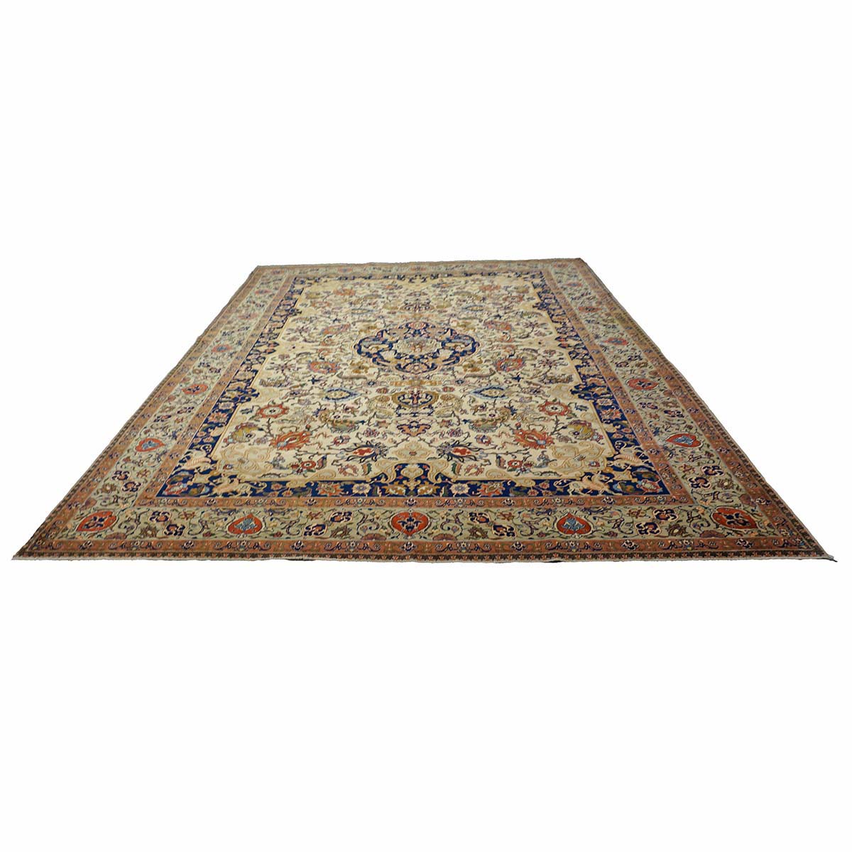 Antique Persian Tabriz Wool 9x12 Ivory & Light Blue, Light Green Handmade Area Rug #1140869
