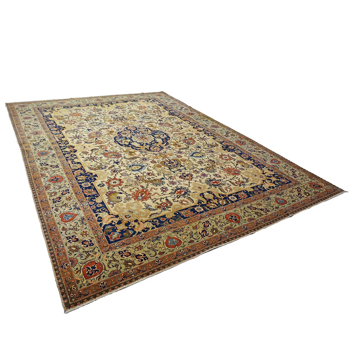 Antique Persian Tabriz Wool 9x12 Ivory & Light Blue, Light Green Handmade Area Rug #1140869