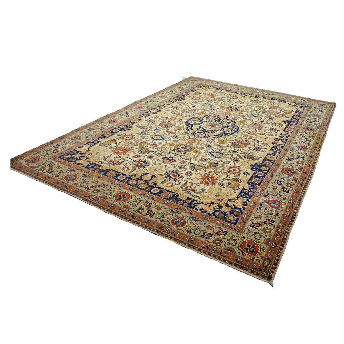 Antique Persian Tabriz Wool 9x12 Ivory & Light Blue, Light Green Handmade Area Rug #1140869