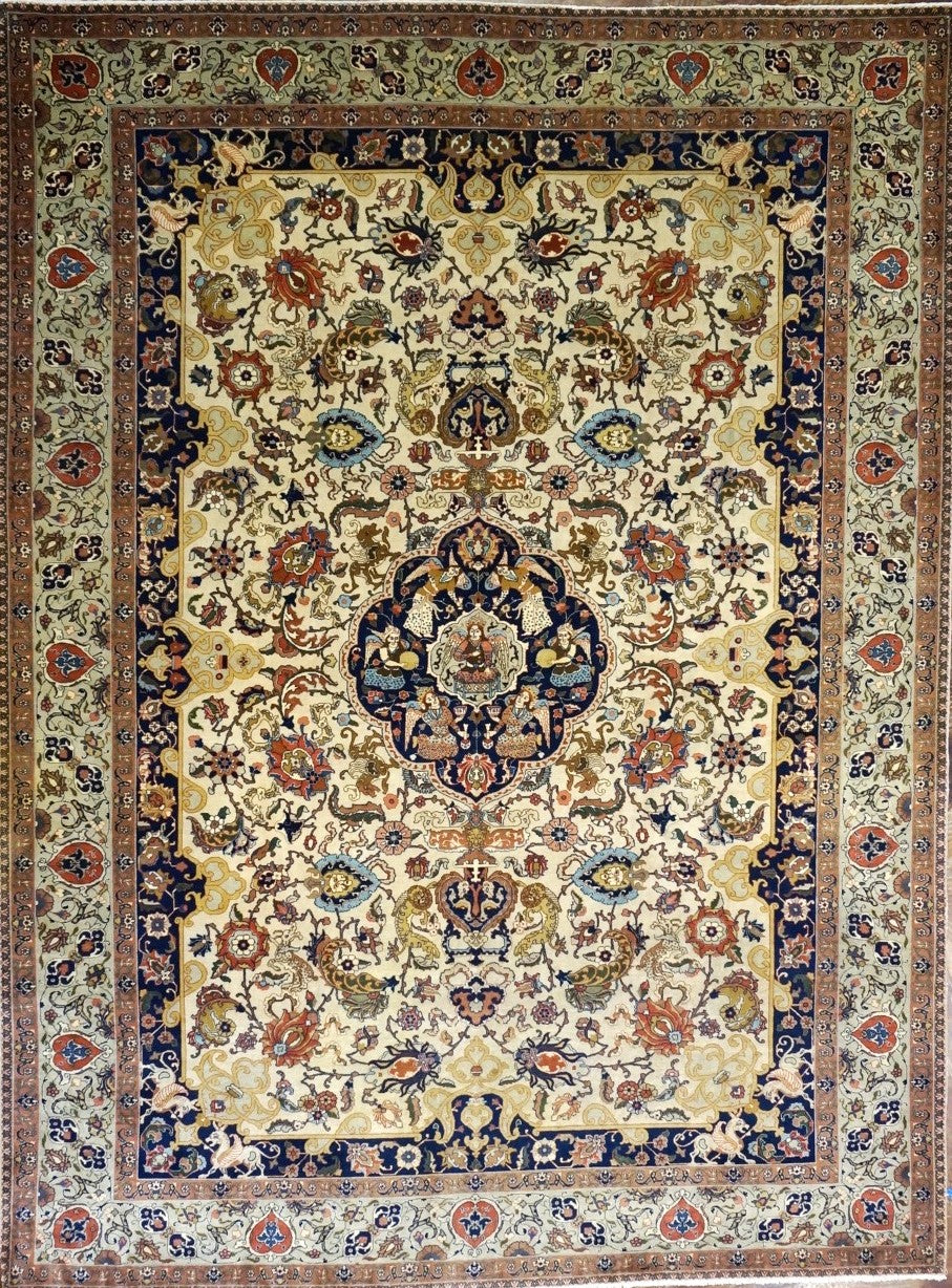 Antique Persian Tabriz Wool 9x12 Ivory & Light Blue, Light Green Handmade Area Rug #1140869