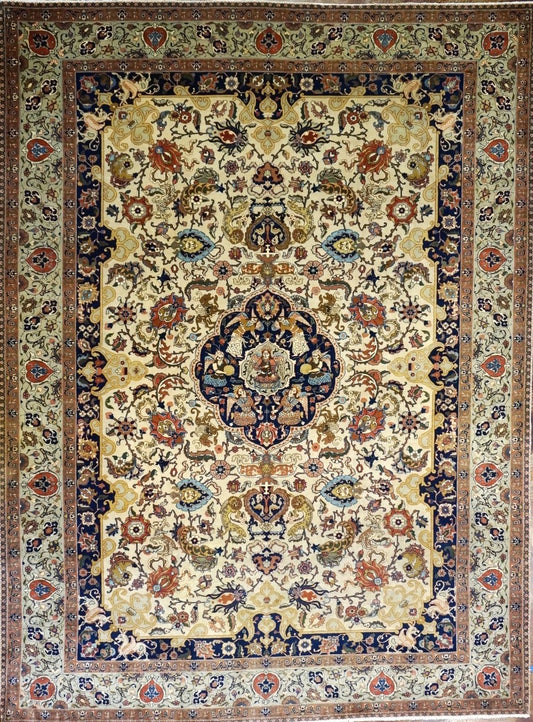 Antique Persian Tabriz Wool 9x12 Ivory & Light Blue, Light Green Handmade Area Rug #1140869