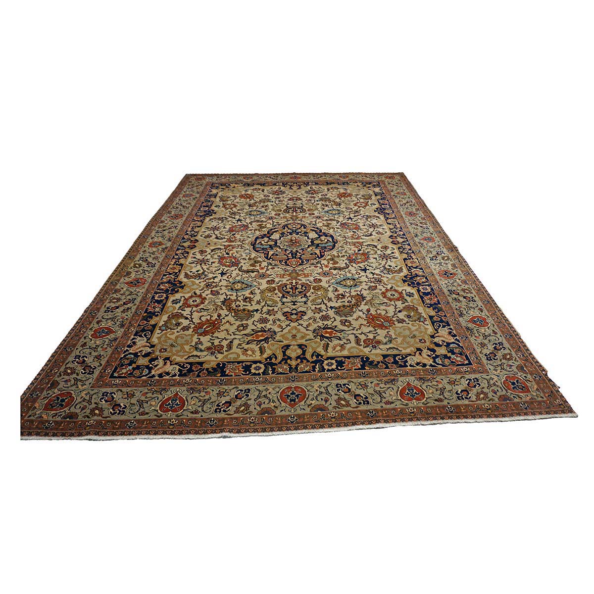 Antique Persian Tabriz Wool 9x12 Ivory & Light Blue, Light Green Handmade Area Rug #1140869