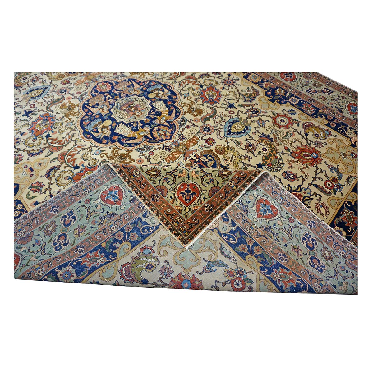 Antique Persian Tabriz Wool 9x12 Ivory & Light Blue, Light Green Handmade Area Rug #1140869