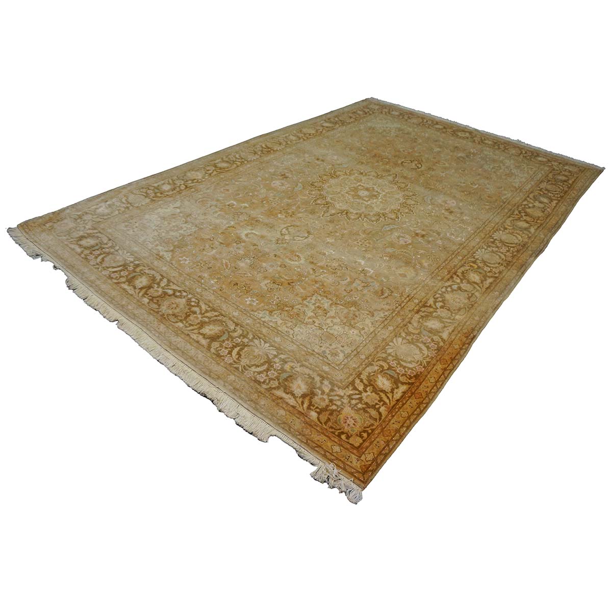 Vintage Persian Tabriz Wool & Silk 7X10 Tan, Gold, Ivory & Pink Antique Washed Handmade Area Rug #1140921