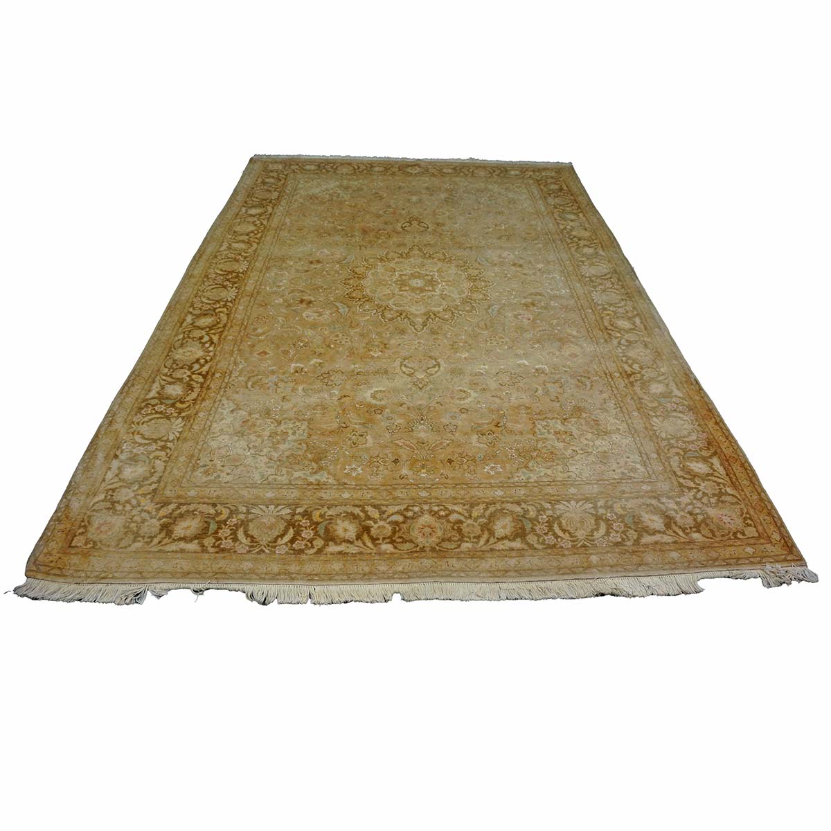 Vintage Persian Tabriz Wool & Silk 7X10 Tan, Gold, Ivory & Pink Antique Washed Handmade Area Rug #1140921
