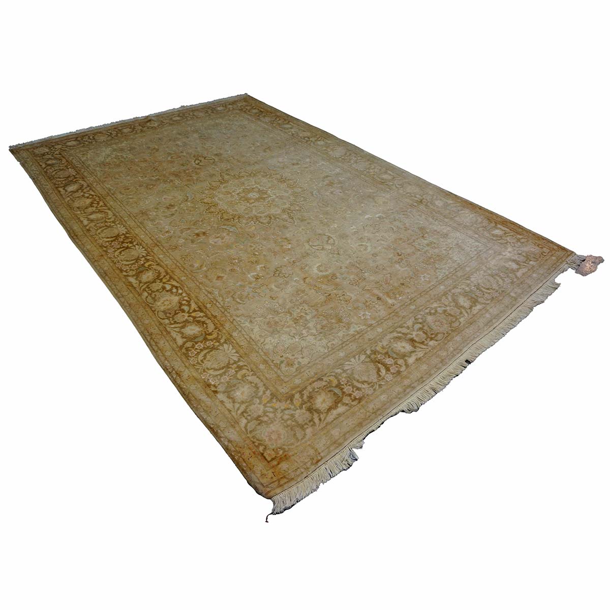 Vintage Persian Tabriz Wool & Silk 7X10 Tan, Gold, Ivory & Pink Antique Washed Handmade Area Rug #1140921