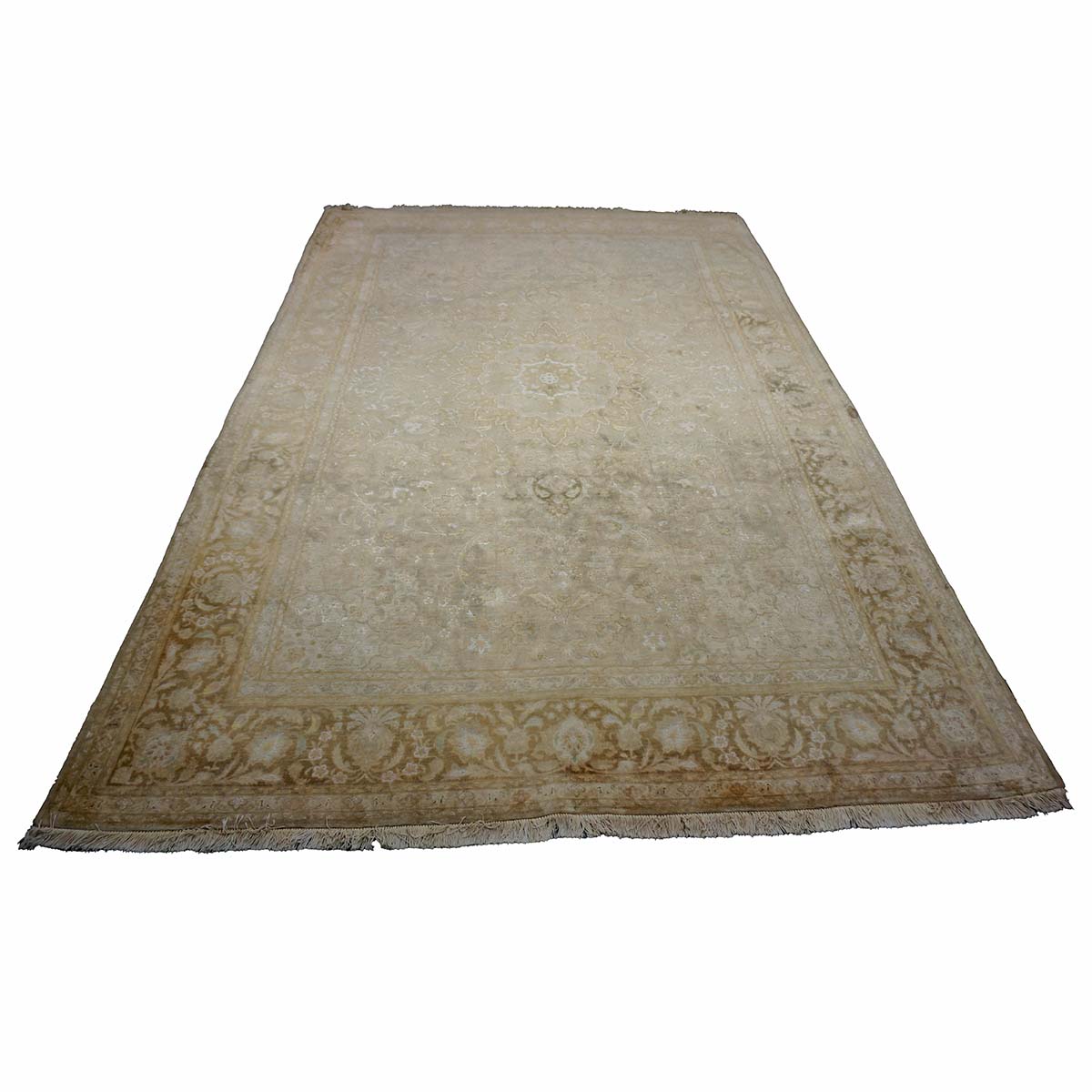 Vintage Persian Tabriz Wool & Silk 7X10 Tan, Gold, Ivory & Pink Antique Washed Handmade Area Rug #1140921