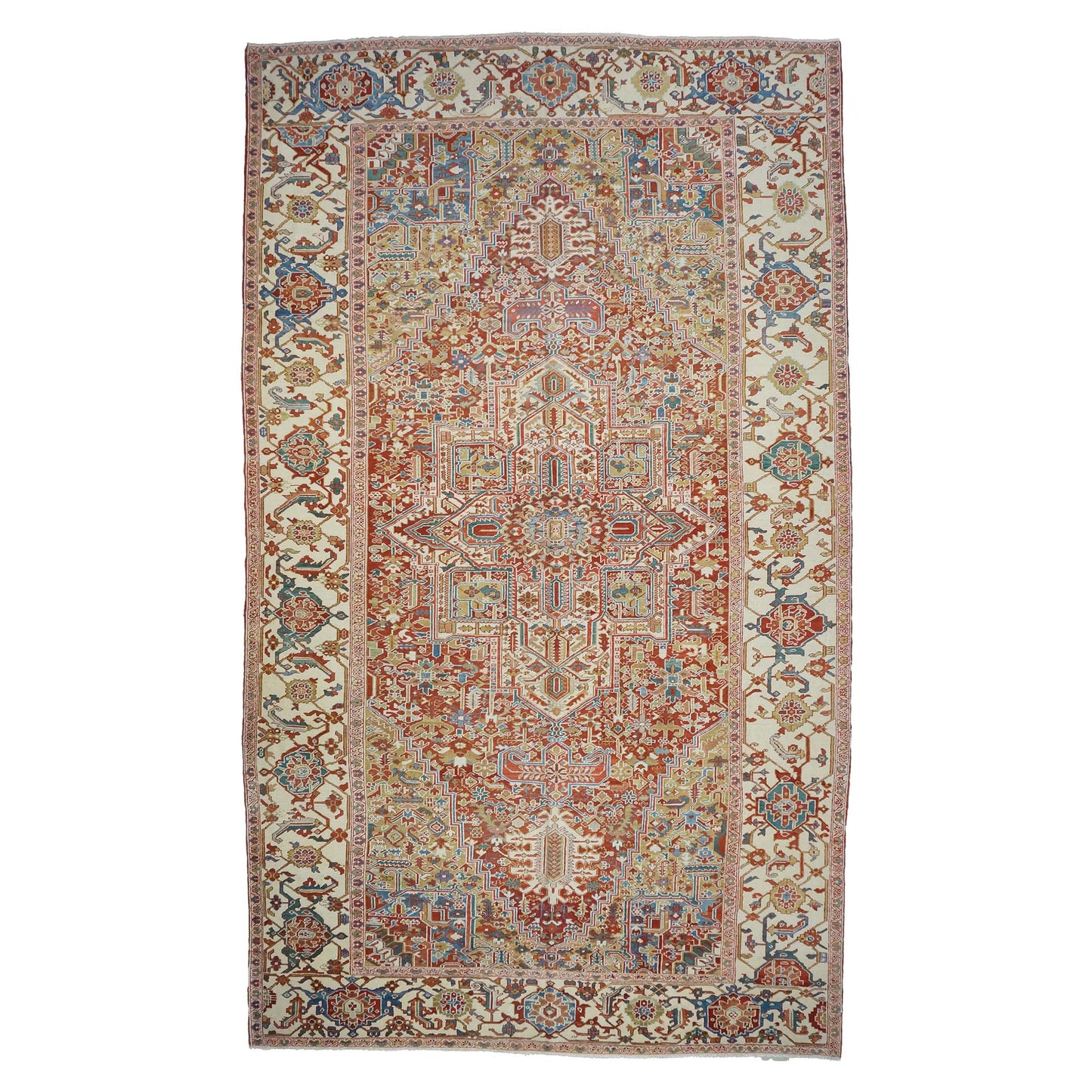 Antique Persian Heriz Wool 11X19 Red, Ivory & Blue Handmade Oversized Area Rug #1140939